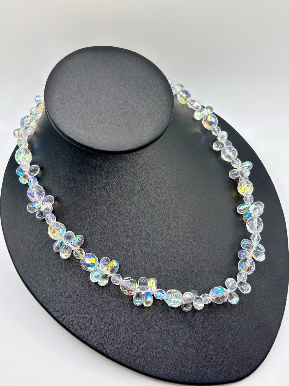 Aurora Borealis Glass Crystal Beaded Flower Necklace - Iridescent